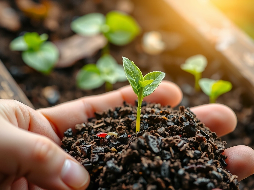 A hand gently holding a sprouting plant in rich soil, symbolizing the beginning of a journey and growth, with a blurred natural background.