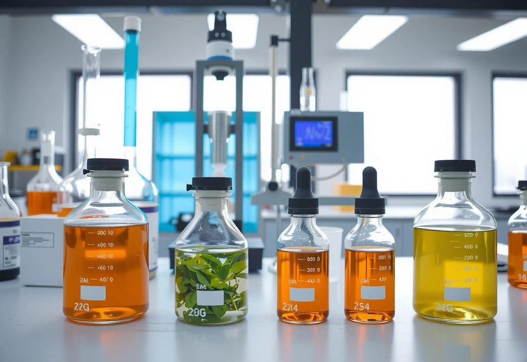 Modern, clean laboratory equipment with botanical extracts in beakers, symbolizing advanced manufacturing and quality control.