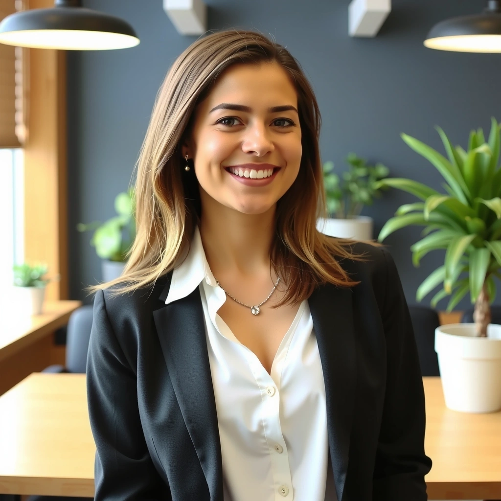 Portrait of a friendly female marketing specialist, with a vibrant, nature-inspired office background.