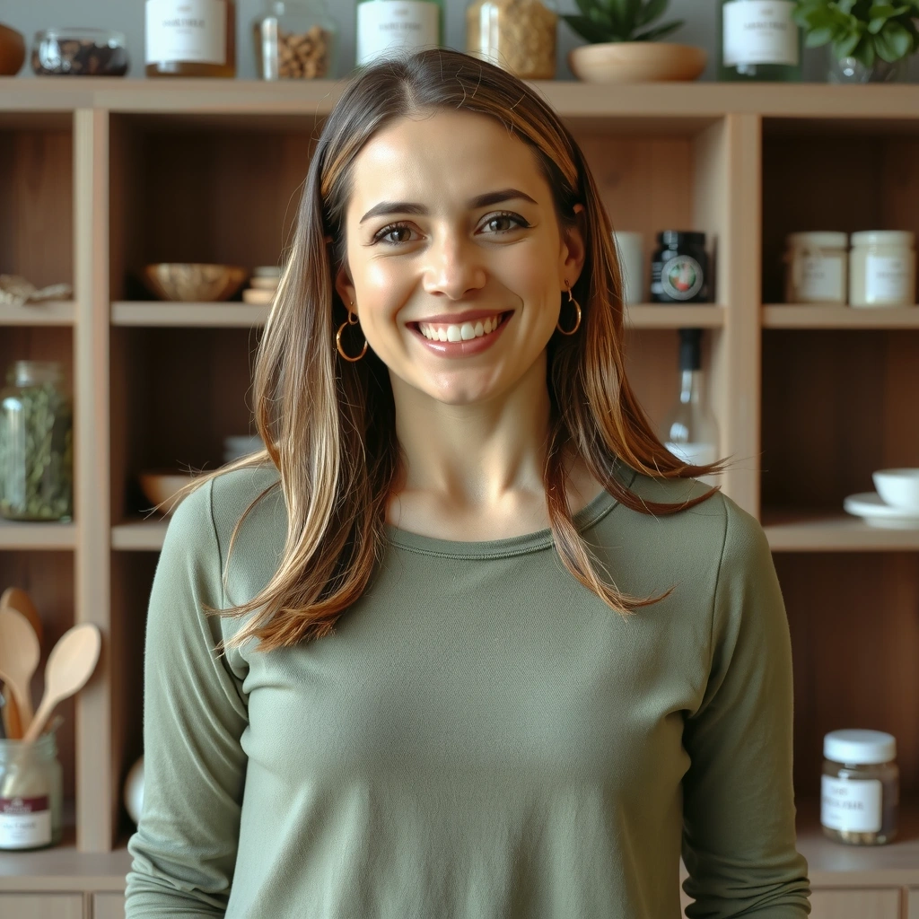 Portrait of a smiling female herbalist with a background of dried herbs and natural ingredients.