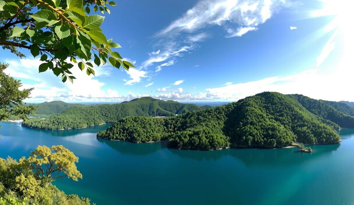 Serene natural landscape with lush greenery, clear water, and a vibrant sky, symbolizing purity, growth, and natural harmony.