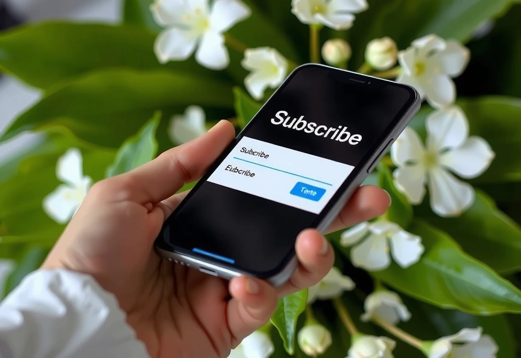 A hand holding a smartphone displaying a newsletter signup form, surrounded by vibrant botanicals.