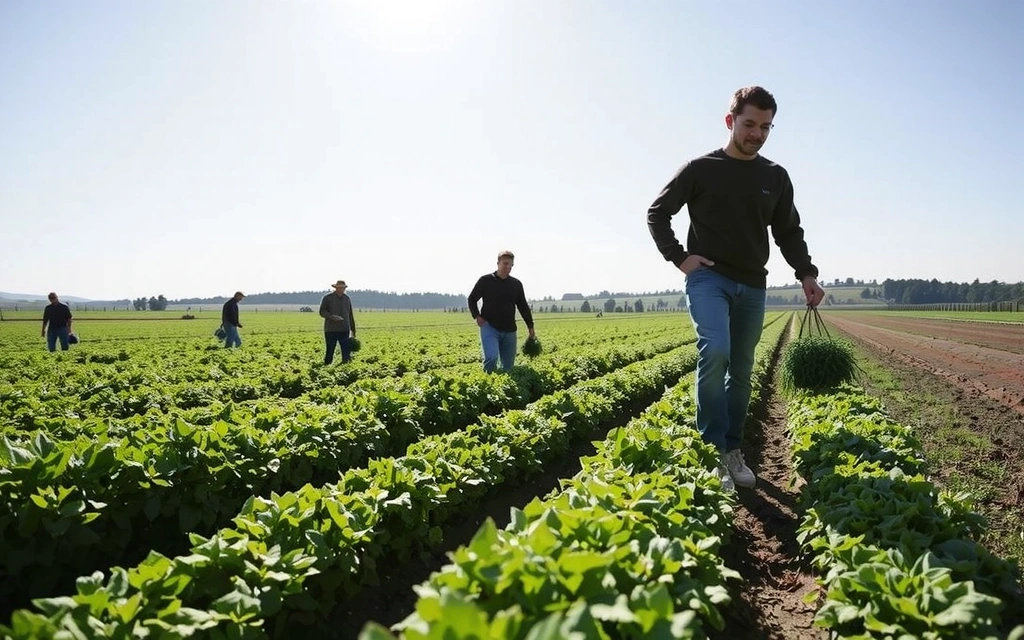 Farmers harvesting herbs in an organic field under a clear sky.