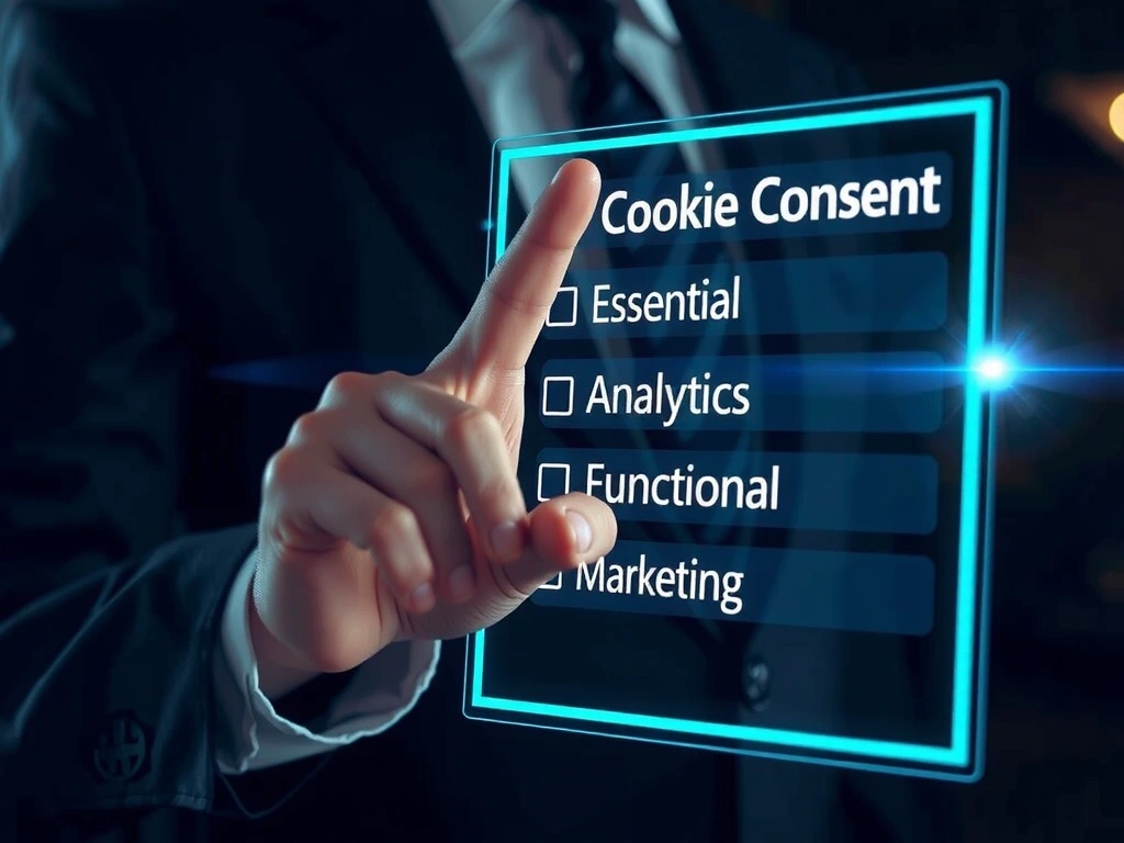 A hand interacting with a digital interface showing cookie consent options, with toggles and checkboxes for different cookie types.
