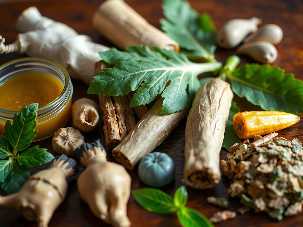 Assortment of natural herbs and roots beneficial for male health