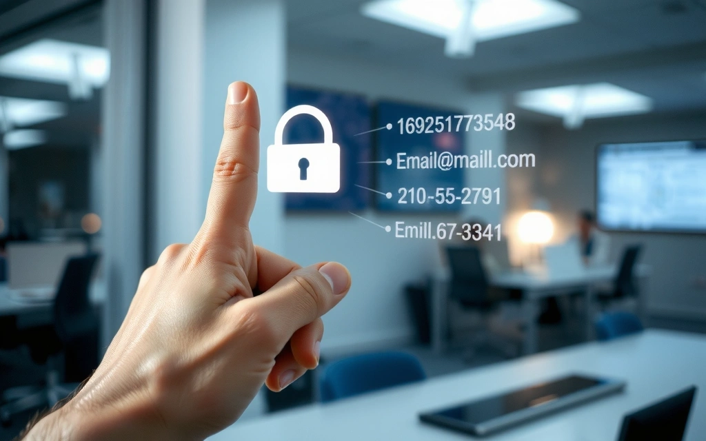 A hand pointing to contact information on a transparent digital screen