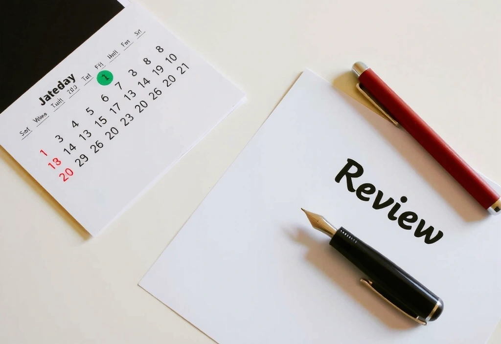 Image of a calendar with highlighted dates and a pen, symbolizing updates and reviews.