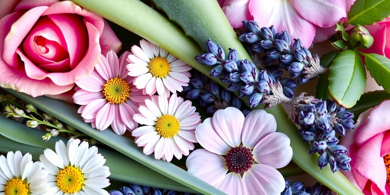 Assortment of natural flowers and plants known for skin benefits, including roses, chamomile, and aloe vera, arranged beautifully